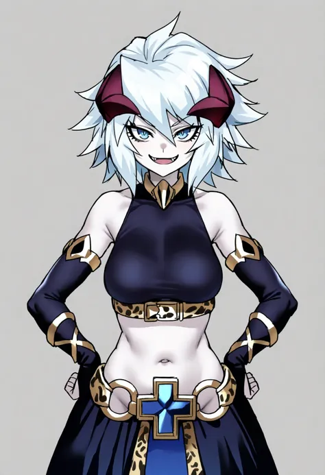 best quality, amazing quality, very aesthetic, absurdres,
1girl, isoldeygo, white hair, short hair, blue eyes, horns, fangs, pale skin,
belt, dark blue crop top, long skirt, bridal gauntlets, navel, bare shoulders,
hands on hips,
smile, upper body, looking...