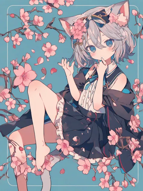 1girl,solo,cherry blossoms,hair flower,pink flower,hair ribbon,cat ears,animal ear fluff,blue eyes,grey hair,short hair,bangs,hair between eyes,eyebrows visible through hair,blush,flat chest,neck ribbon,white shirt,collared shirt,sleeveless shirt,bare shou...