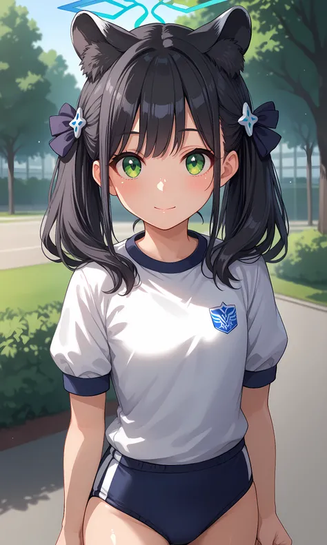 score_9, score_8_up, score_7_up, source_anime, 1girl, solo, outdoors, park, cowboy shot, standing, looking at viewer, shiny skin, sunohara_shun, green eyes, black hair, bangs, twintails, hair bow, hair ornament, animal ears, halo, white shirt, short sleeve...