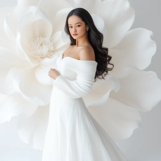 standing in front of a backdrop featuring a large white flower. Her long, form-fitting white dress, the woman is wearing a long, creating an elegant and pure beauty., soft black hair flows down