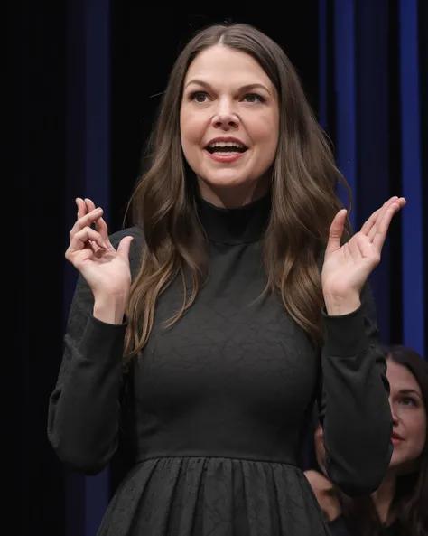 a professional absurdres sharp-focus intricately detailed photograph of  (Sutton_Foster:1.1), 
performing in the broadway show "The Importance of Being Aleister Crowley" 
wearing a occultist-inspired turtleneck costume, summoning all manner of demons on-st...