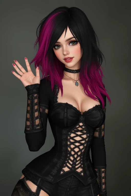 a photograph of a woman with black and pink hair waving to the camera wearing a black lace up black outfit