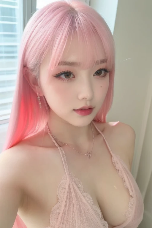 face close-up,photo of an 25-year-old [japanese woman|asian woman],pale skin,necklaces,(facing viewer),teeth,(cleavage),shy,blush,pink hair,looking at viewer and facing viewer
 earrings, jewelry,(mascara,eye shadow,long eyelashes:1.2)
nude,large breasts,ma...