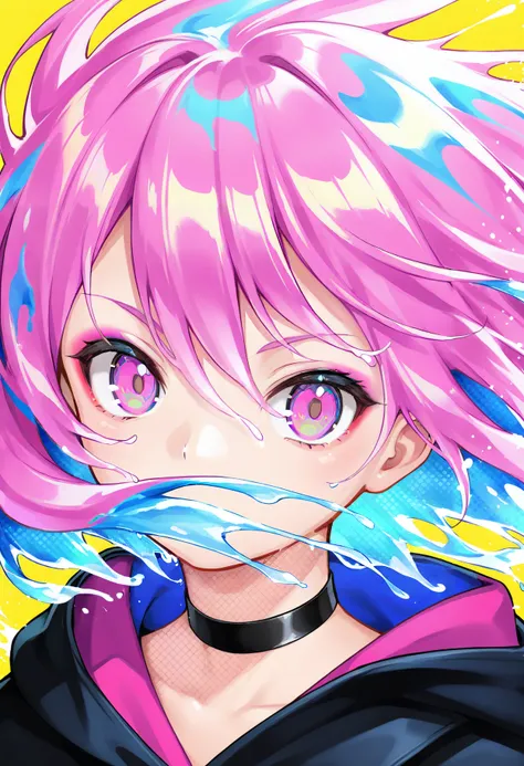 solo, yellow background, choker, multicolored eyes, looking at viewer, 1girl, black choker, portrait, multicolored hair, simple background, blue hair, pink hair, hood, halftone, short hair, pink eyes, liquid hair, covered mouth, paint splatter, floating ha...