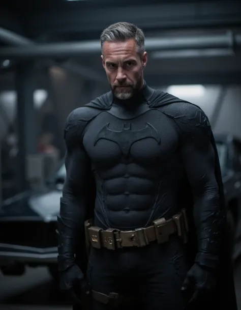 j@yh@rr1ng70n This is a photograph of a handsome, muscular man standing in the batcave like batman. He has  a beard. He is wearing Batmans suit. He has no mask. He is looking at you. He has a serious face. He is in batmans lair near the bat mobile. Depth o...