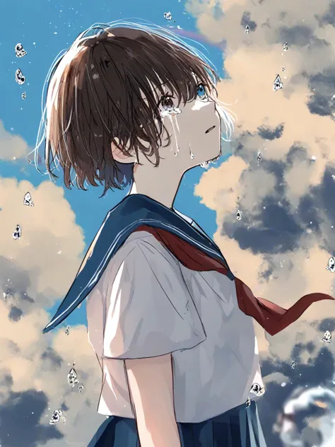 1girl,solo,school uniform,short hair,serafuku,red neckerchief,sky,tears,sailor collar,blue eyes,neckerchief,crying,crying with eyes open,rainbow,short sleeves,skirt,shirt,water drop,cloud,white shirt,blue sailor collar,outdoors,parted lips,pleated skirt,up...