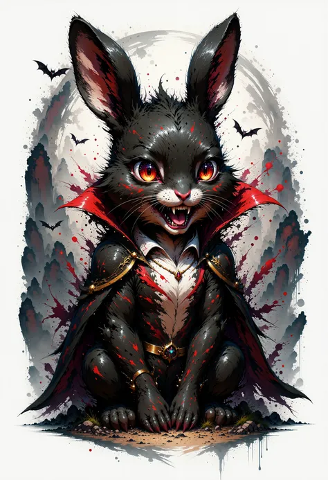 MysticSplash. Ink-splash-style. Vampire Rabbit,black rabbit,rabbit ears,realistic fur,with long sharp (vampiric fangs) bloody and exposed catlike mouth,red eyes focused intensely like a hunter spotting its prey,looking at viewer,juxtaposition of a terrifyi...