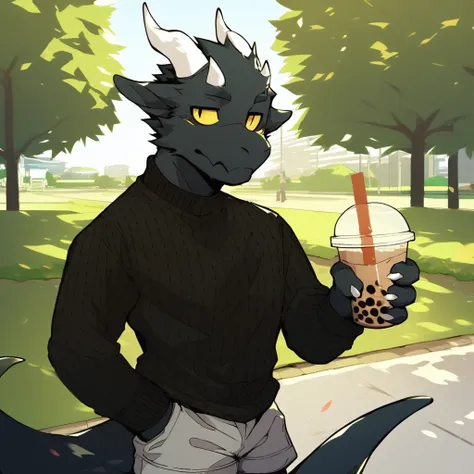 score_9_up, score_8_up, score_7_up, source_furry, mikus-style, black dragon, black body, white horns, yellow eyes, park, holding, bubble tea, black sweater, gray shorts, 1boy, solo