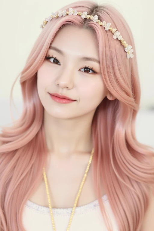 a high-resolution, softly lit photograph featuring a young Asian woman with a delicate, ethereal appearance. She has long, wavy hair in a soft pink hue, styled with bangs that frame her face. Her skin is a smooth, pale complexion, and her eyes are a striki...