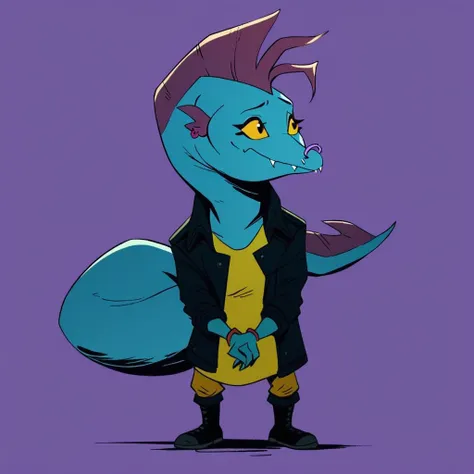 score_9,score_8,score_7,lee_eel_tmnt, lee_eel, fish girl, eel girl, 1girl, solo, jacket, purple background, simple background, black jacket, yellow eyes, furry, boots, black footwear, yellow sclera, pants, tail, full body, colored sclera, open clothes, shi...