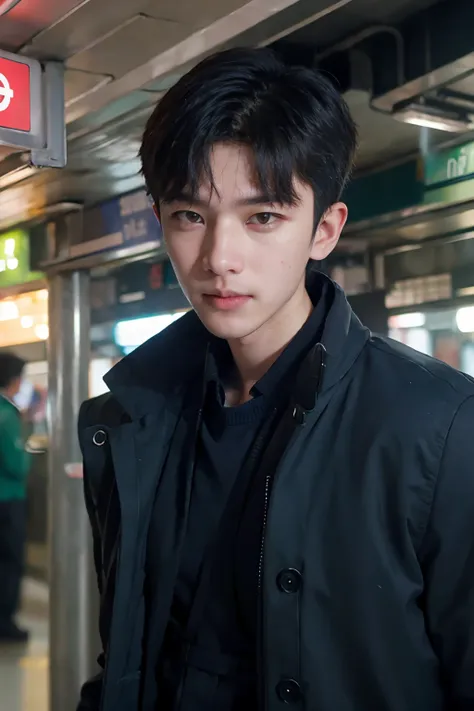 Blur, depth of field, 1boy, male focus, black short hair, student college, neat hair, at subway station facing the camera, cold tone, film grain, cinematic lighting, outdoor, sky, 
 <lora:AsianMan003:1>