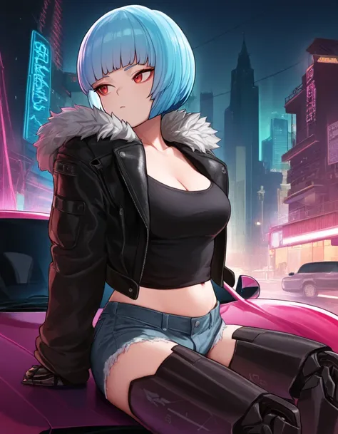 (masterpiece, best quality, 8k, absurdres, very aesthetic), gloss, anime,uncensored,outdoors, city,street, east asian architecture,cyberpunk, neon lights, 
BREAK
1girl, light blue hair, short hair, hime cut, bowl cut, red eyes, mechanical legs, streetwear,...