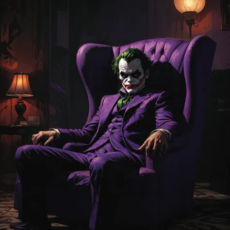 The Joker, sitting on a purple armchair, half in the shadows, dark, chiaroscuro, ominous, threatening