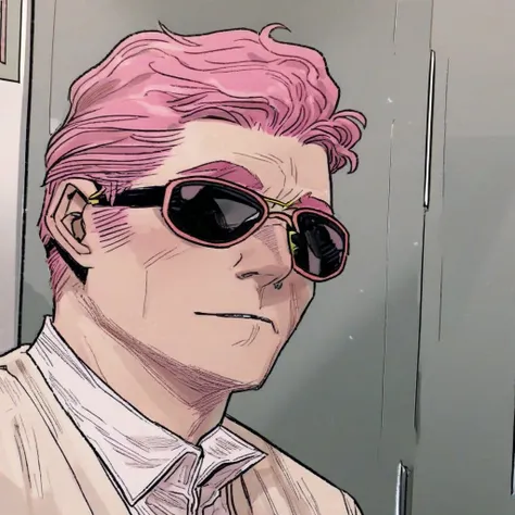 spultimate, 1boy, in elevator, wearing sunglasses, clean-shaven, pink hair, collared shirt, pink background