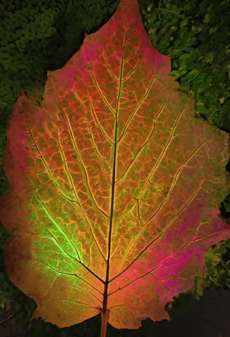 <lora:tree_leaf_V2_SDXL:1> colored of autumn_tree_leaf,  the night in a garden with  light_effect a tree with one giant leaf