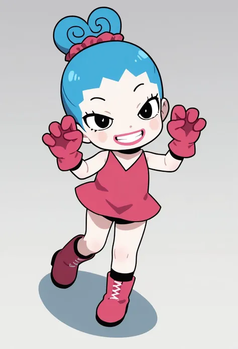 score_9, score_8_up, score_7_up BREAK RingRingP, 1girl, light blue hair, pink scrunchie, pale skin, black eyes, pink circle blush, pink lipstick, sleeveless v-neck pink dress, pink gloves, white-laced pink boots, evil smile, full body, cute pose, evil grin...