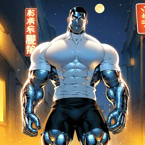 score_9, 1boy, Colossus, skin of organic steel, black hair, white eyes, standing, streets, night, moon, white shirt, black shorts, looking at the viewer,  <lora:Colossus:1>