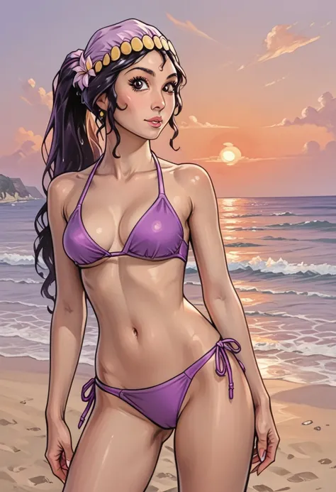 best quality, masterpiece, Style-Renaissance, lilboots-dh, painterly, score_9, score_8_up, score_7_up,  (semi realistic), BREAK, (((solo))), (dona_hermine,), purple bikini, ponytail, looking at viewer, teasing, sunset, beach, perfect face,