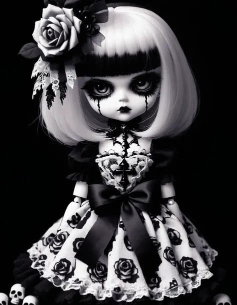 gothic doll, flower, 1girl, rose, solo, dress, monochrome, blunt bangs, skulls background, black background, (best quality, highest quality:1.4), <lora:ZD-Gothic-Chibi-Dolls:1>,