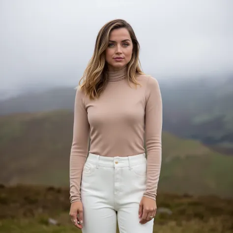 high quality photo in side view of a woman looking at the viewer standing on top of a hill in the windy scottish highlands weari...