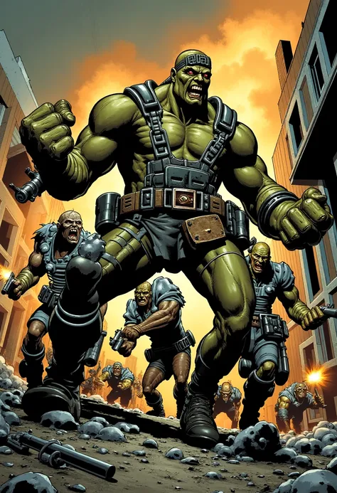 Imagine an image in the style of a graphic novel, where a group of large, fearsome Super Mutants with various skin tones—green, gray, and yellow—storm an abandoned factory. Their oversized fists and exaggerated jaws make them look monstrous, as bright flar...