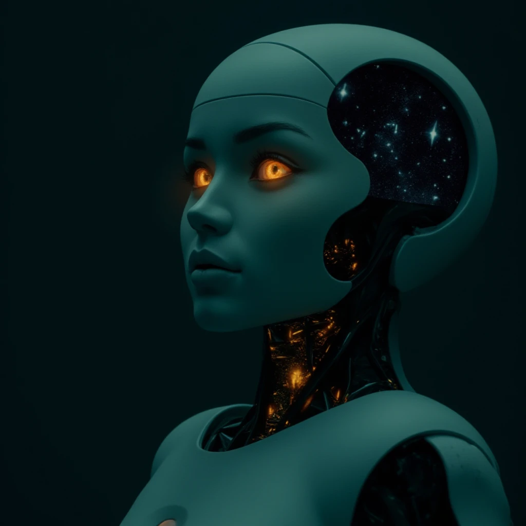 Anime screencap featuring a Minimalist and abstract side profile of a robot woman with a universe sprouting from her mind as she opens her eyes and attains consciousness for the first time in the dark. She has beautiful and intelligent bright orange eyes b...