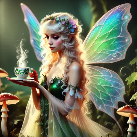 cup, hair ornament, mushroom, fairy wings, fairy, green eyes, blonde hair, butterfly wings, hair flower, solo