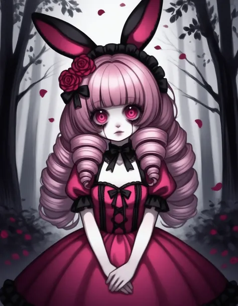 gothic doll, flowers, 1girl, rabbit, petals, solo, pink dress, large beautiful eyes, horror theme, ringlets hair, forest background, (best quality, highest quality:1.4), <lora:ZD-Gothic-Chibi-Dolls:1>