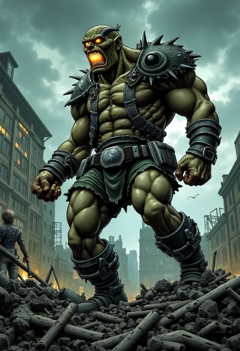 Imagine an image in the style of a gritty graphic novel, depicting a hulking Super Mutant with gray, rough-textured skin standing atop a pile of rubble in an old city. His exaggerated jawline and sharp teeth are bared in a snarl, his eyes glowing with mena...