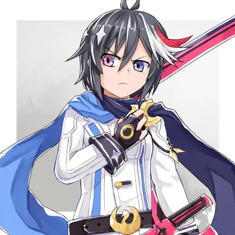 0tsuu_MS, white uniform, white pants, blue scarf, hererochromia, blue eyes, purple eyes
 sword, wielding, determined look, front view, raising arm, raising sword, thunder strike