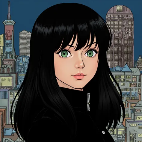 ((retro 90s anime style illustration)) drawing of a closeup on face of woman wearing a long black trench-coat futuristic city in...