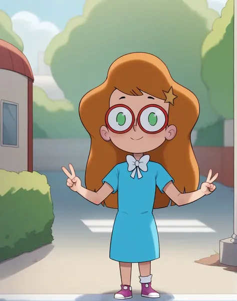 score_9, score_8_up, score_7_up, rating_safe, source_cartoon, BREAK,1girl, solo,  <lora:charlottelittleprinceandfriends_ponixl:1>, charlottelittleprinceandfriends, brown hair, long hair, star hair ornament, red round glasses, green eyes, white bowtie, ligh...