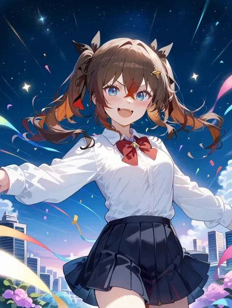 1girl, 
dynamic angle, depth of field, breasts, night, long sleeves, blurry foreground, white shirt, hair ribbon, skirt, outdoors, smile, v-shaped eyebrows, red bowtie, long hair, ribbon, pleated skirt, blush, looking at viewer, star (sky), shirt, black sk...