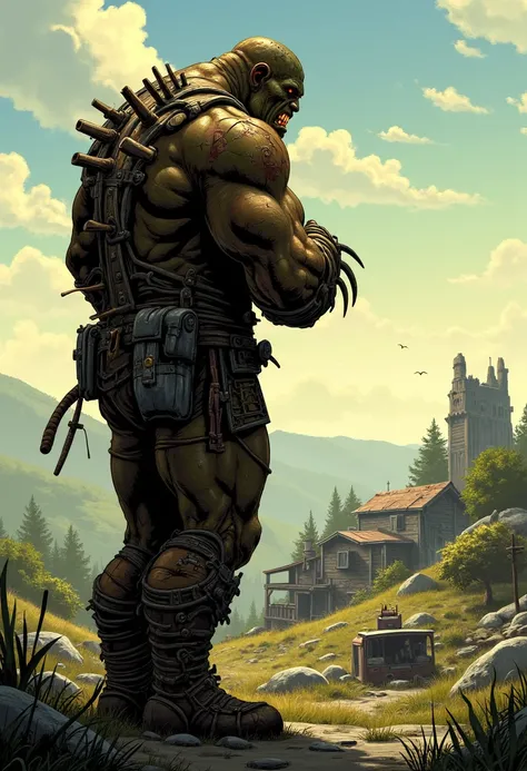 Imagine an image in the style of a graphic novel, with a large Super Mutant with dark, brown-green skin and lumpy, protruding bones standing guard over a human settlement. His massive arms, covered in scars and bulging muscles, are crossed as he watches th...