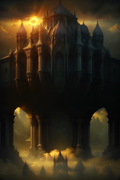 (best quality, masterpiece, highres, 8k wallpaper), darkpsych, epic scene, highly detailed, (large building, evil cathedral with small pillars, arches), murky, gloomy sky with sun and billowing clouds