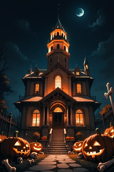 score_9, score_8_up, score_7_up, source_anime, rating_safe, night, dark, pumpkin, Halloween, natural lighting, bone-structure focus, Dabone, Dabone_architecture, tower no humans, bone, intricately detailed illustration, atmospheric perspective, depth of fi...