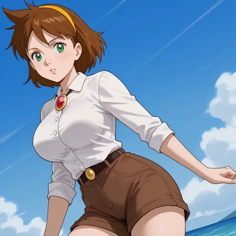 1girl, solo, Jane, hairband, green eyes, brown hair, short hair, brooch, white shirt, brown shorts, large breasts