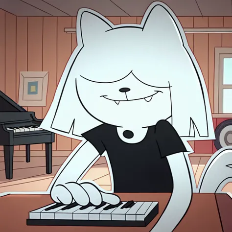 score_9, score_8_up, score_7_up BREAK QatTM, 1girl, anthro cat, white fur, white ears, black nose, hair-covered eyes, unseen eyes, white bobcut, fangs, tail, smiling, garage indoors, garage background, piano,