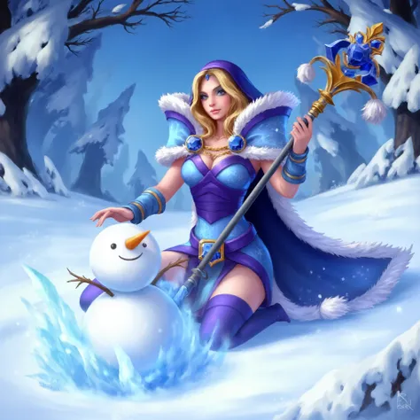 <lora:Crystal_Maiden:1> Crystal Maiden making a snowman in a field of snow