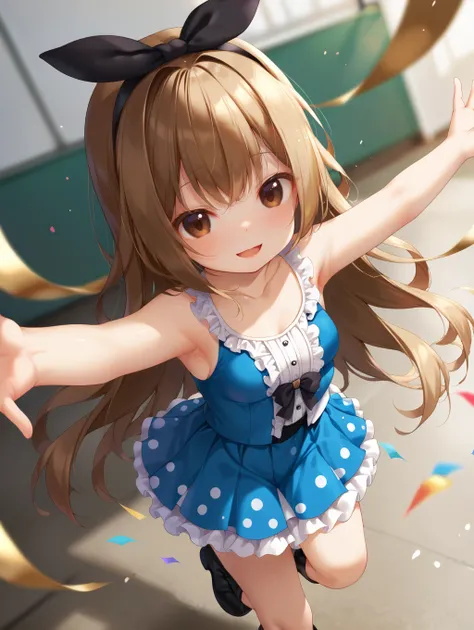 1girl, 
dynamic angle, depth of field, solo, breasts, blurry foreground, boots, outstretched arms, blurry background, frills, standing on one leg, long hair, brown hair, small breasts, blush, black hairband, spread arms, black footwear, sleeveless, sleevel...