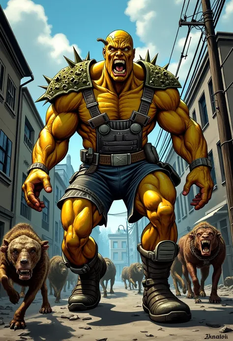 Imagine an image in the style of a graphic novel, showing a monstrous Super Mutant with cracked, yellowish skin and jagged protrusions on his shoulders, fending off a pack of mutated animals in an abandoned street. His thick, muscular arms are raised defen...