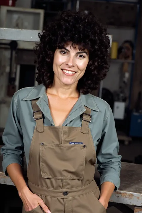 <lora:Adrienne Barbeau_Flux_Rapid:1> Adrienne Barbeau posing for a picture as a car mechanic in the 1970s wearing worker coveralls with oil and grease stains inside a workshop with a workbench in the background, smiling