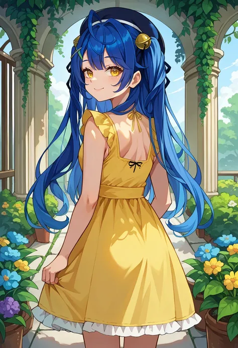 score_9, score_8_up, source_anime,  1girl, solo, AmyaKokoro, yellow eyes, blue hair, long hair, two side up, ahoge, black beret, hair bell, x hair ornament, from behind, yellow sundress, garden, day, sunshine, smile, looking back, <lora:ChamAmamiyaKokoroPo...