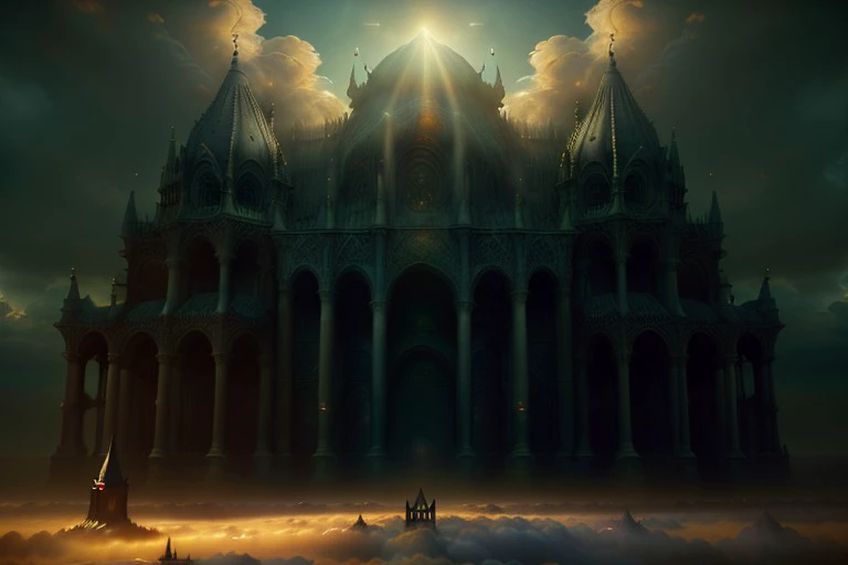 (best quality, masterpiece, highres, 8k wallpaper), darkpsych, epic scene, highly detailed, (large building, evil cathedral with small pillars, arches), murky, gloomy sky with sun and billowing clouds