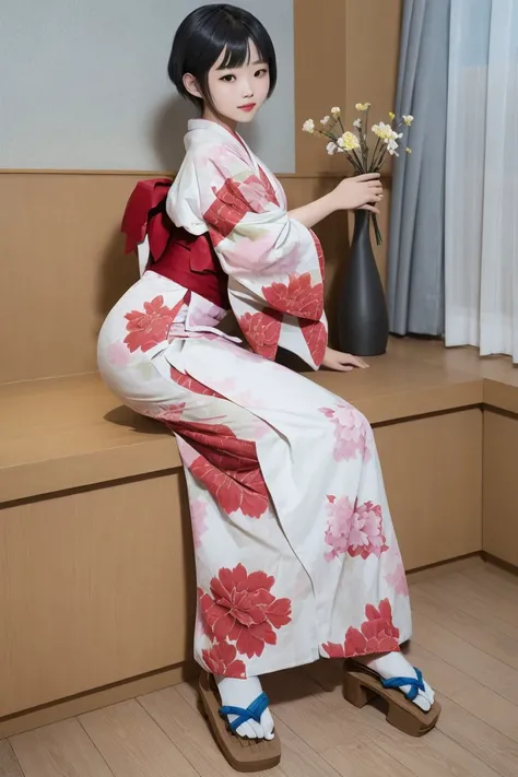 safe_pos, 
1girl,solo,perfect face,look at viewer,
japanese clothes, kimono, solo, flower, indoors, vase, black hair, wooden floor, floral print, short hair, curtains, chair, sash, tabi, obi, sandals, full body, breasts, from side, print kimono, geta, sitt...