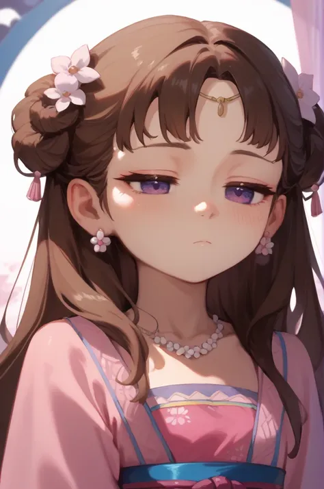 score_9_up,score_8_up,score_7_up,masterpiece,best quality,highres,absurdres,ultra-detailed,illustration,zPDXL2,close-up,1girl,looking down,blush,expressionless,half-closed eyes,closed mouth,brown hair,long hair,hair ornament,hair flower,earrings,purple eye...