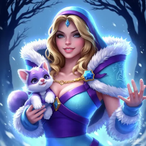 <lora:Crystal_Maiden:1> Crystal Maiden holding a small icy puppy