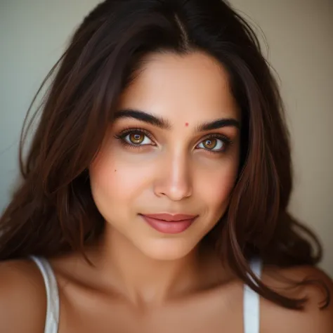 A striking mid close-up portrait of SH4RV4RI, an Indian woman with captivating features.

Subject: SH4RV4RI looks directly at the camera with a gentle, confident expression. Her fair skin has a natural, healthy glow, and her long, flowing brown hair frames...