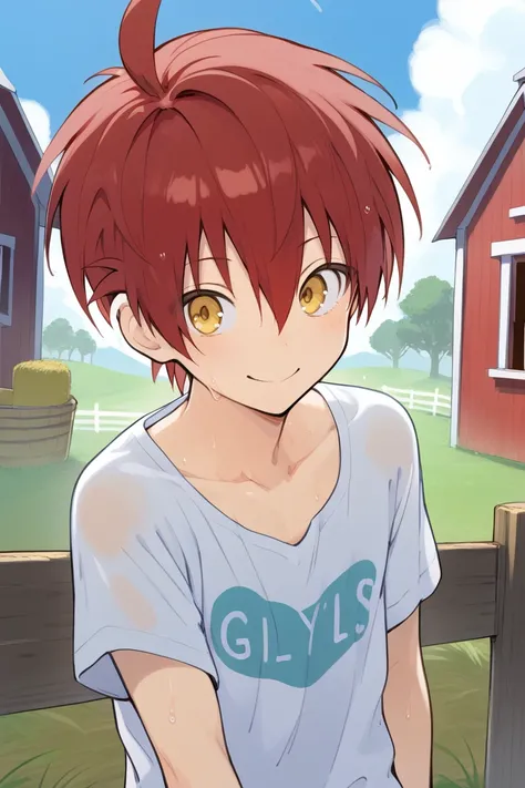 1boy,solo,male focus,tinen wataru,red hair,yellow eyes,short hair,ahoge,hair between eyes,smile,sweaty,farm,overrall,t-shirt