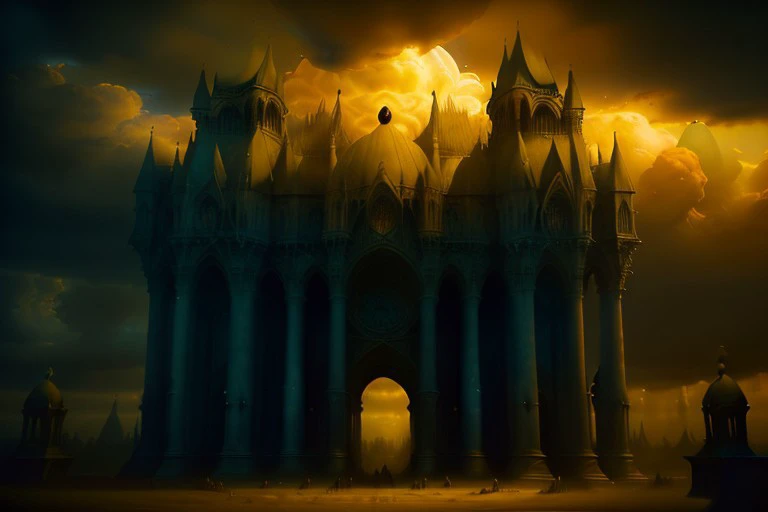 (best quality, masterpiece, highres, 8k wallpaper), darkpsych, epic scene, highly detailed, (large building, evil cathedral with small pillars, arches), murky, gloomy sky with sun and billowing clouds